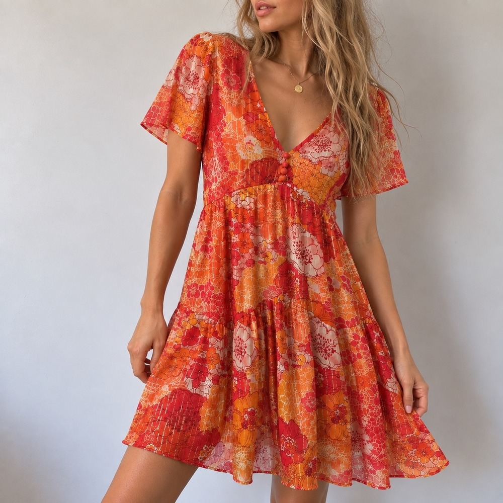 Taylor Orange Floral Fit & Flare Dress Size 6 70s Romantic Boho NWT